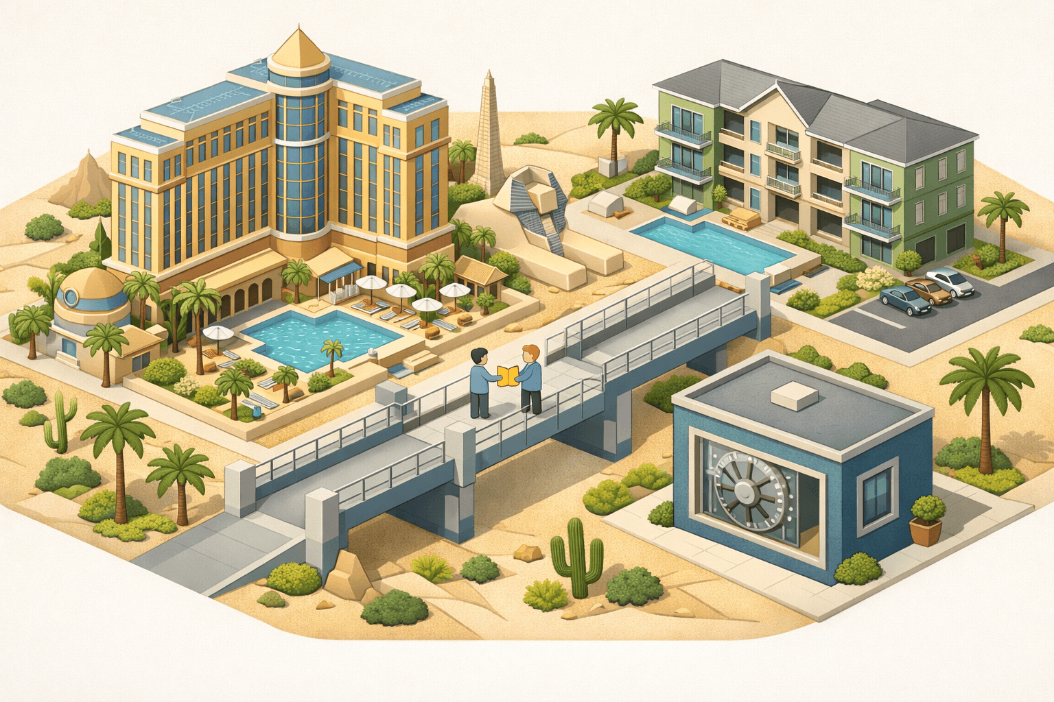 Isometric illustration of a Nevada cityscape with investment properties and a small lending office connected by a bridge structure.