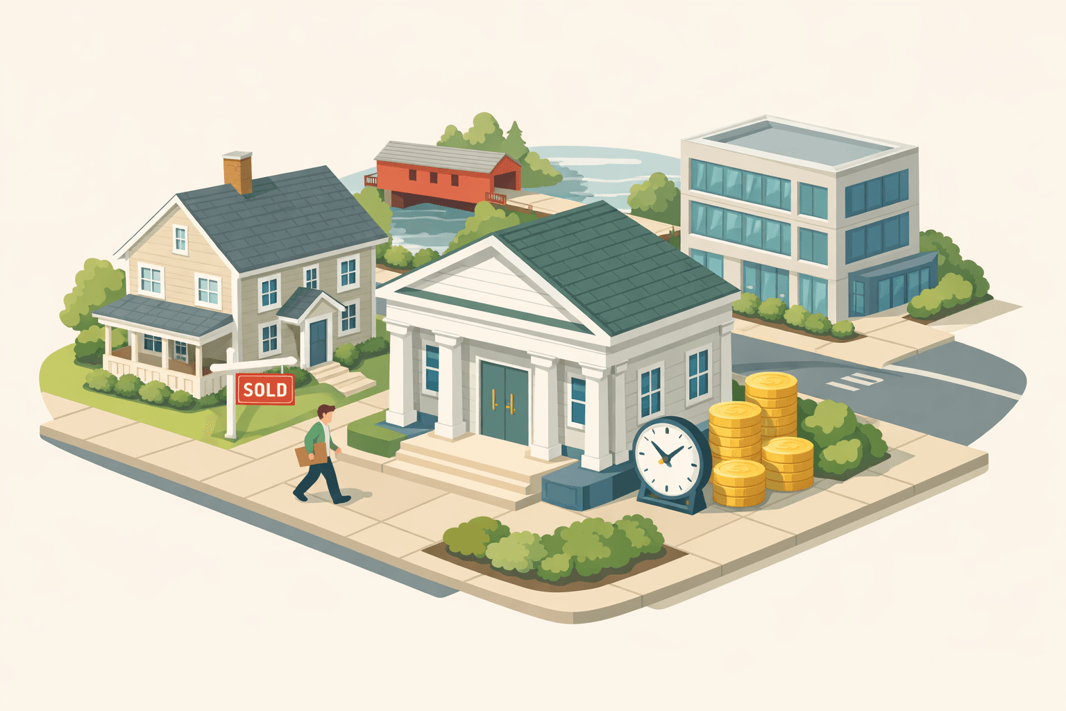 Isometric illustration of a New Hampshire town with a community bank, a home with a transitioning sale sign, and a covered bridge in the background.