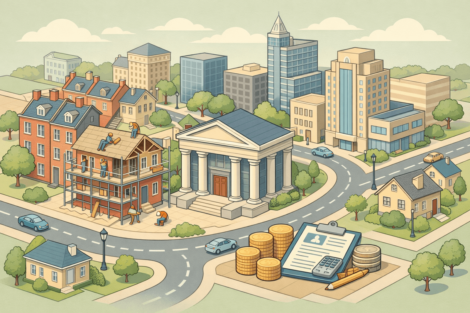 Isometric scene of a North Carolina downtown with a bank, residential properties under renovation, and tiny figures representing real estate investors.