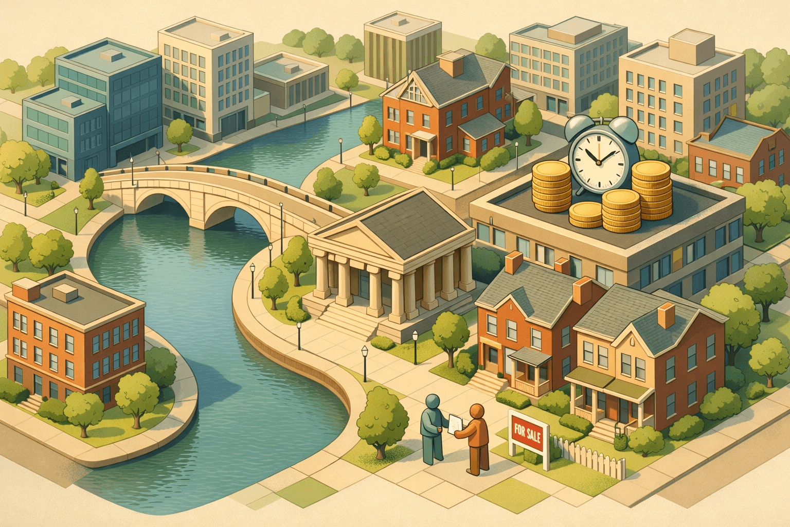 Isometric Ohio cityscape with a small bridge, brick homes, a bank building, and tiny figures exchanging documents near a for-sale sign.