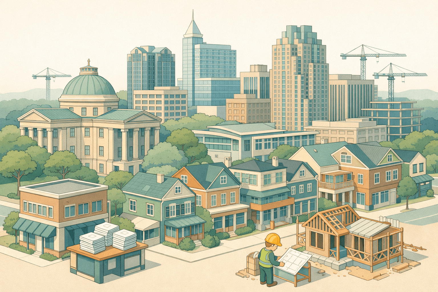 Isometric scene of Raleigh skyline with the State Capitol dome, renovated investment homes, and a small figure reviewing construction plans near a lending office.
