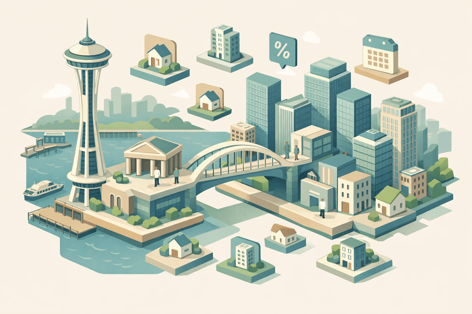 Isometric Seattle skyline with a Space Needle, office towers, residential buildings, and a small bank connected by a bridge structure representing short-term real estate lending.
