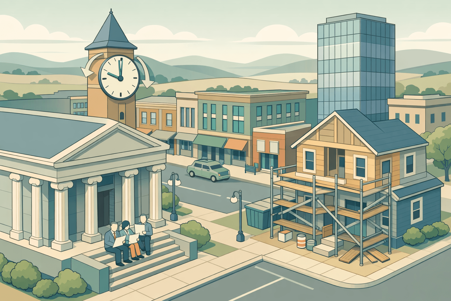 Isometric illustration of a South Dakota city street with a bank building, a renovation property, and small figures representing real estate investors.
