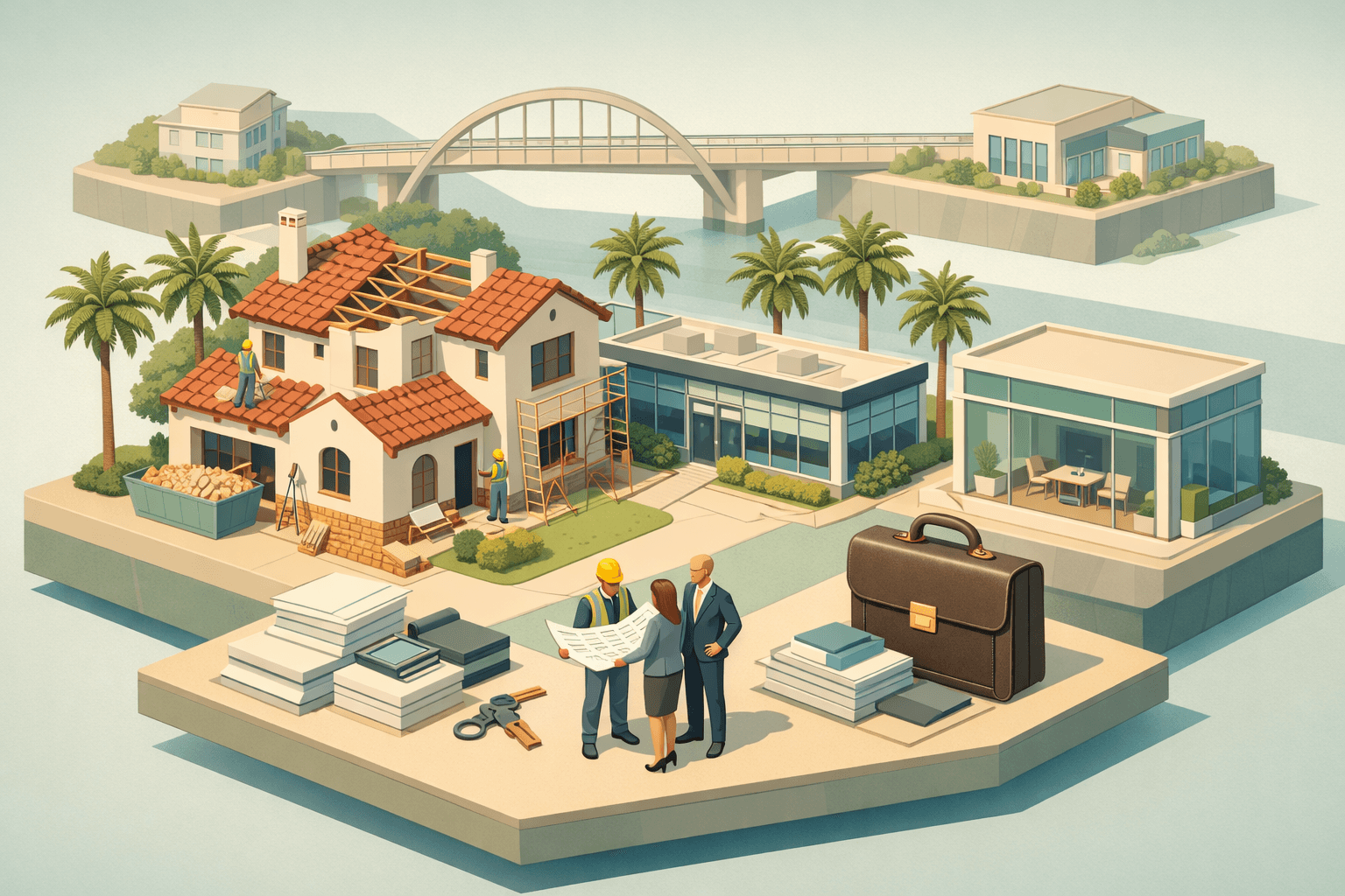 Isometric view of a Southern California neighborhood with a home under renovation, a lending office, and small figures reviewing real estate plans near palm-lined streets.