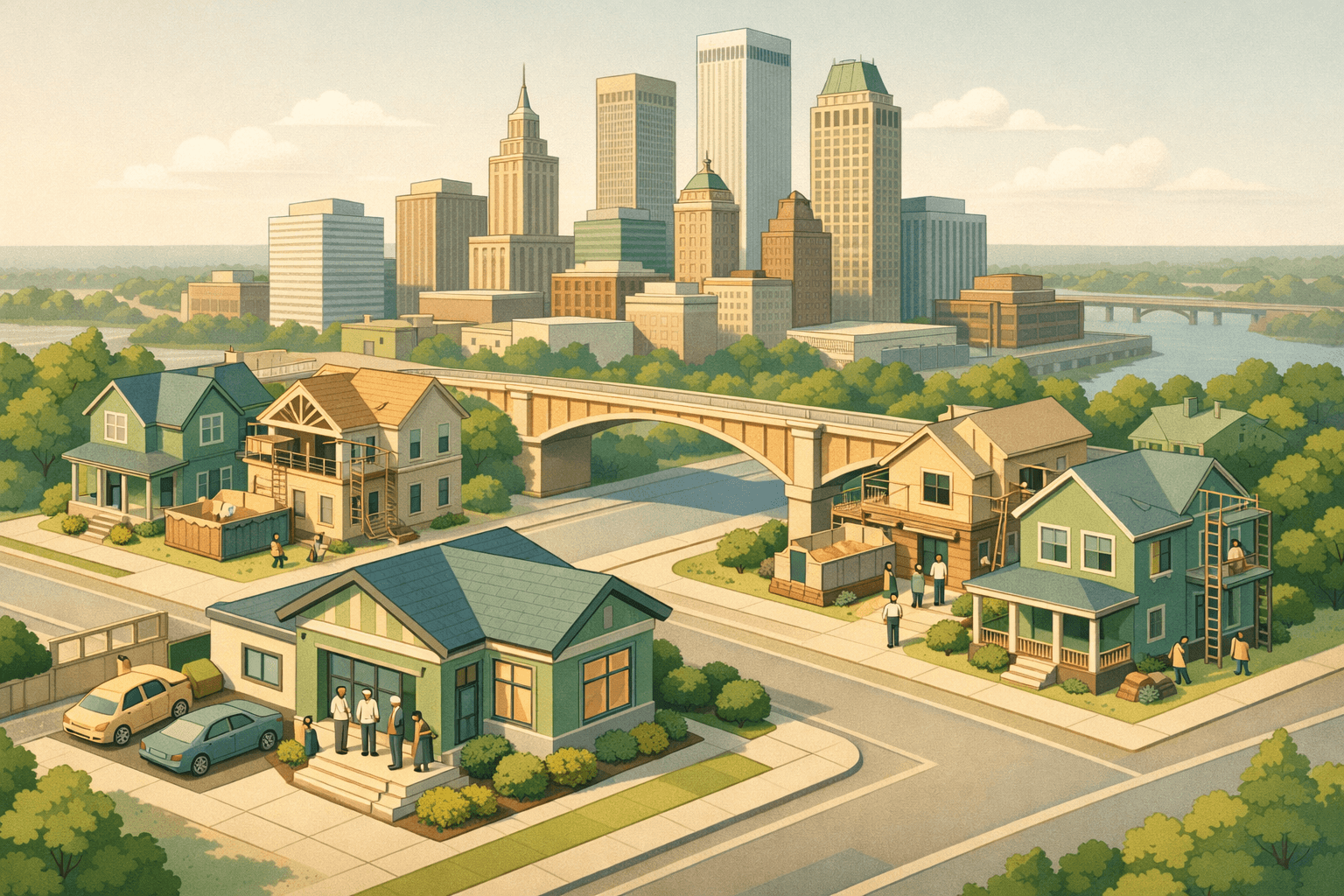 Isometric illustration of downtown Tulsa with investment properties under renovation and a small lending office building in the foreground.