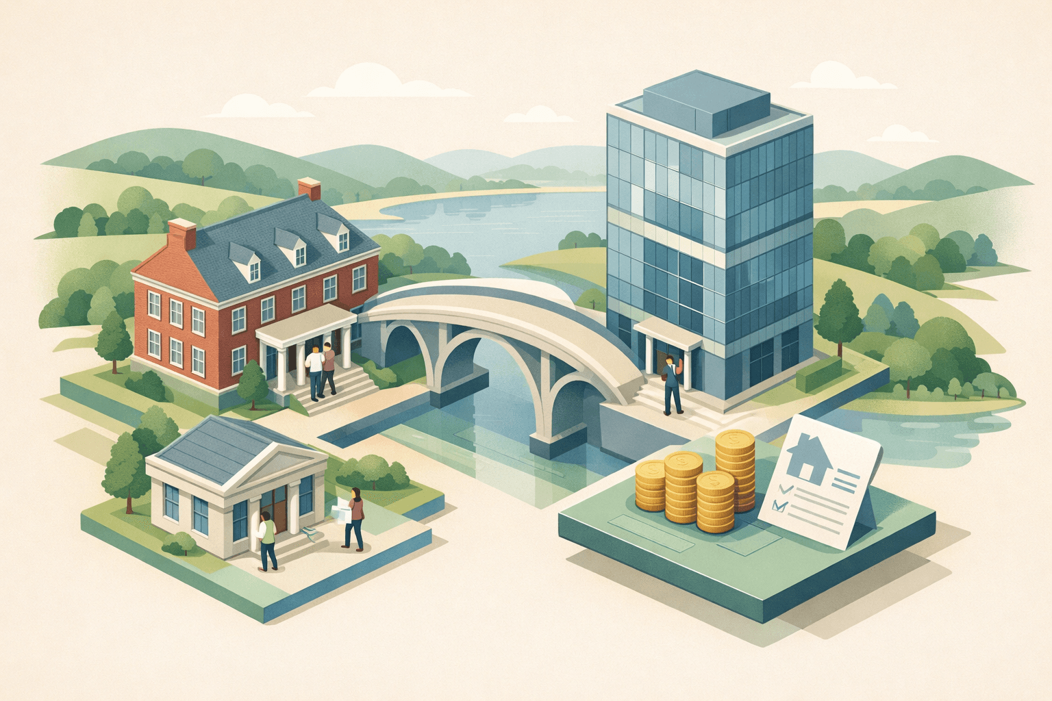 Isometric illustration of Virginia real estate buildings connected by a bridge structure with small figures representing borrowers and lenders in a transitional property financing scene.