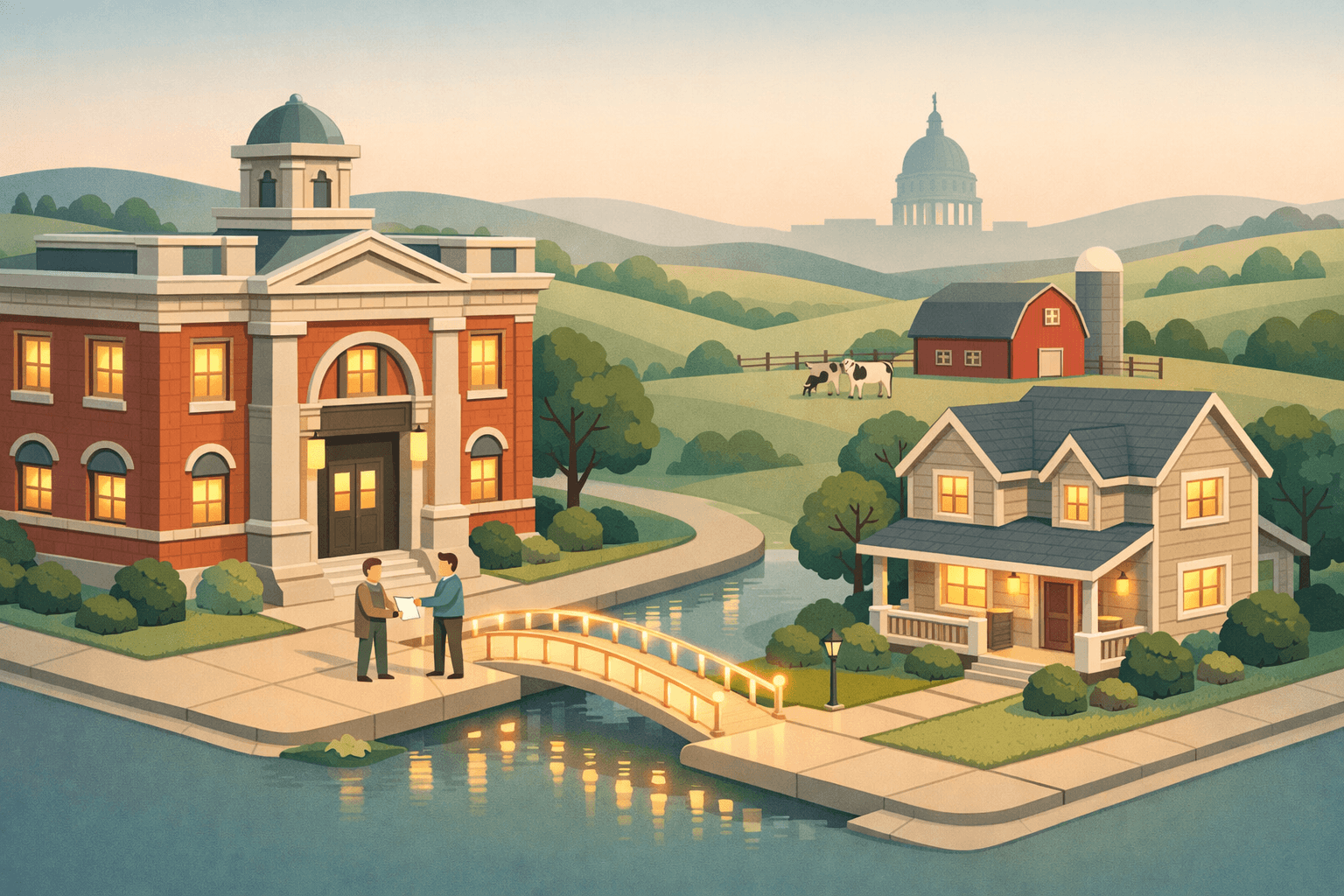 Isometric scene of a Wisconsin bank building and home connected by a bridge path, with small figures and a Capitol dome in the background.