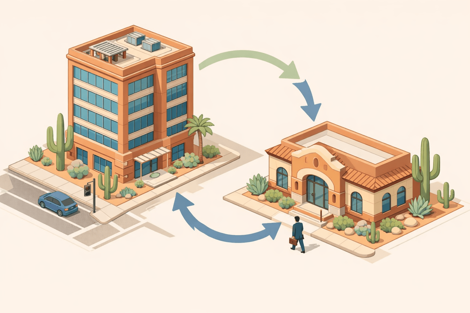 Isometric illustration of an Arizona business district with office buildings, a community bank, desert landscaping, and a small figure walking toward the entrance.