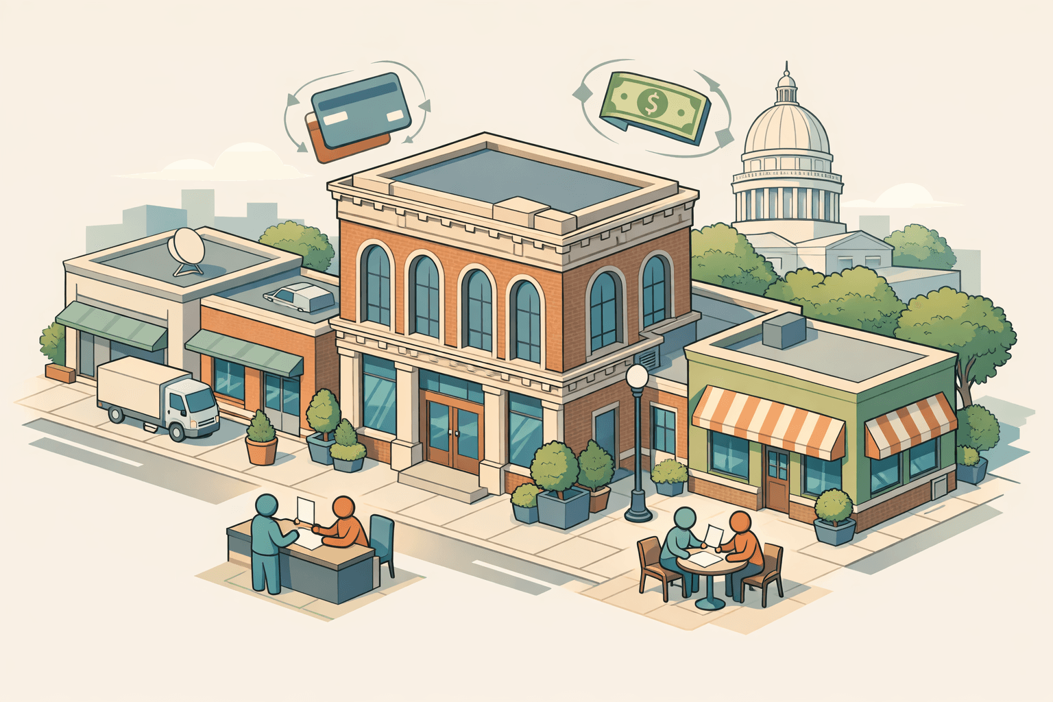 Isometric scene of an Arkansas downtown with a bank building, small business storefronts, and tiny figures exchanging financial documents near a credit line.