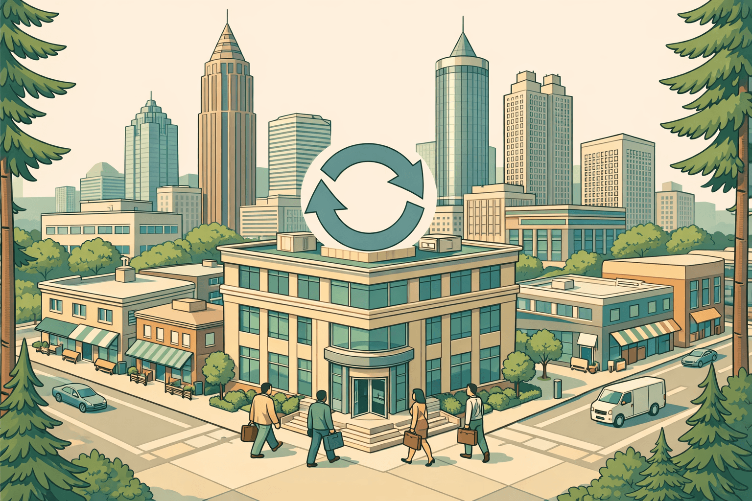 Isometric scene of Atlanta office buildings and a community bank with small business owners entering, representing local business lending.