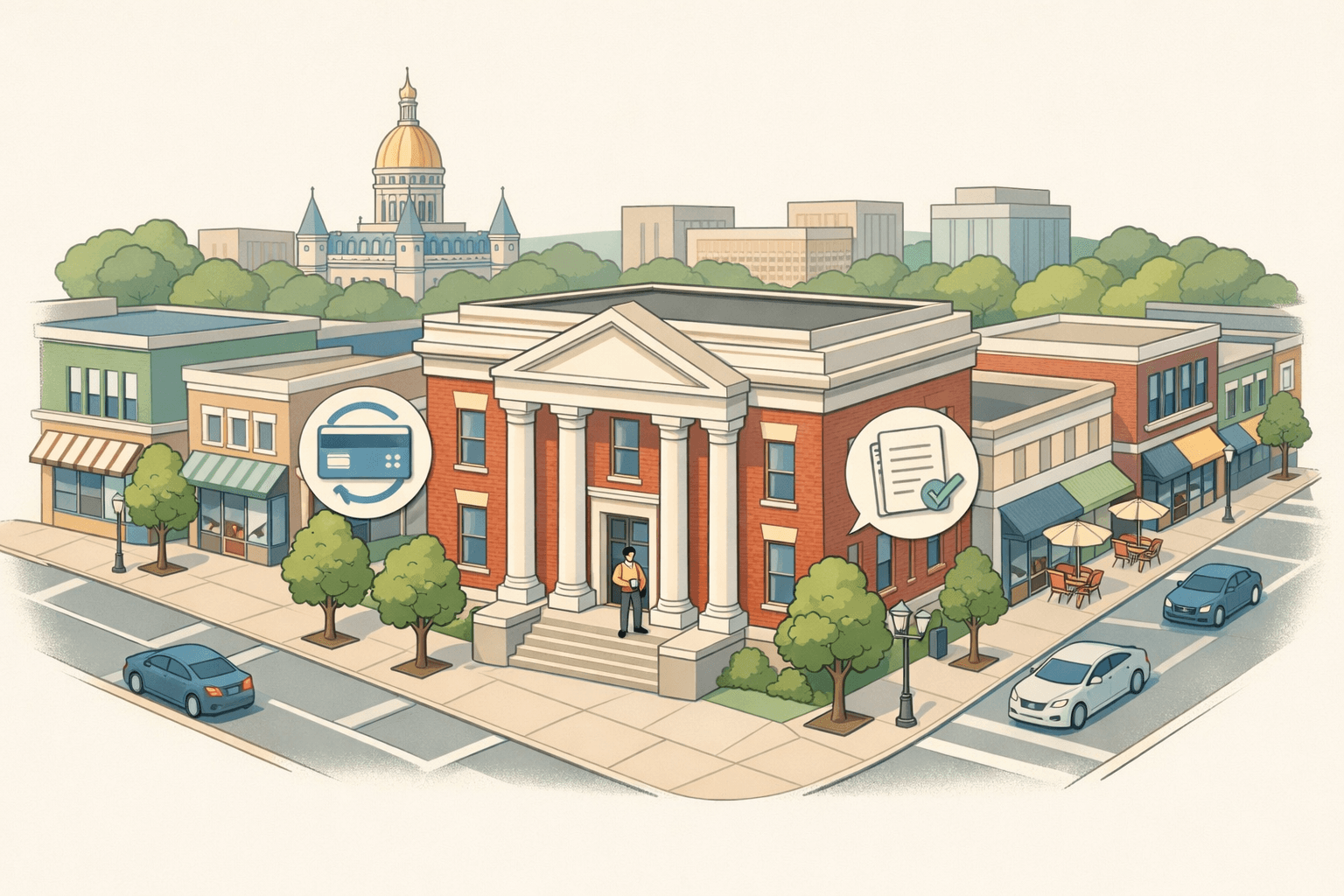 Isometric scene of a Connecticut downtown bank building with small business storefronts and a capitol dome in the background.