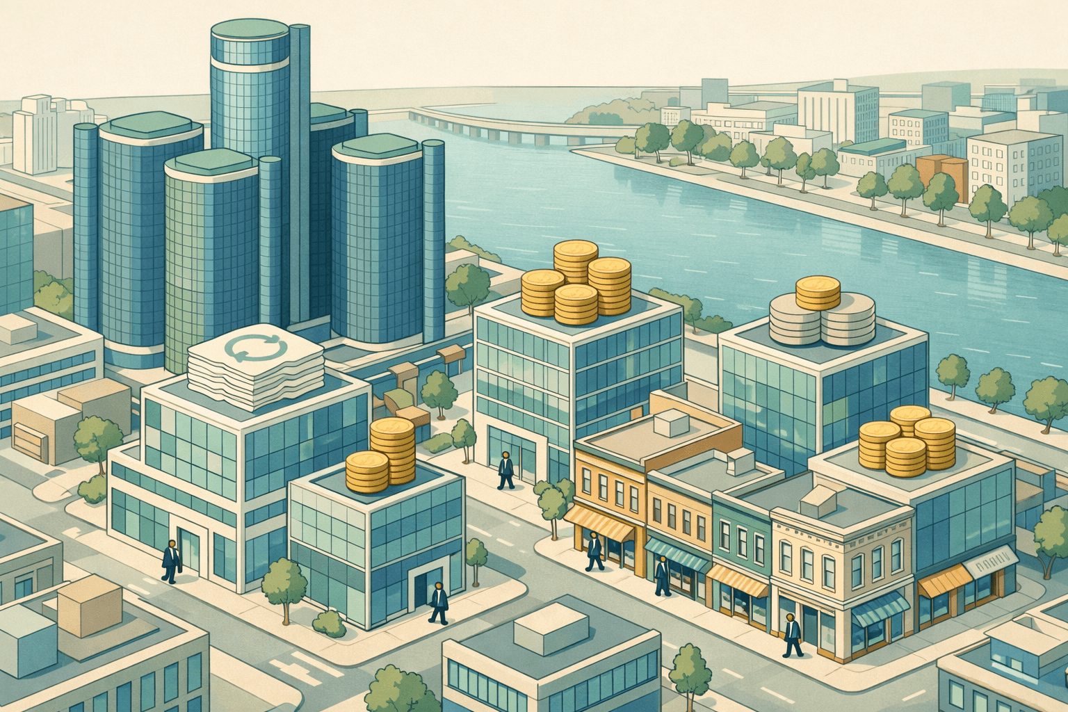 Isometric illustration of Detroit commercial buildings and credit union storefronts with small business owners and financial symbols representing revolving credit.