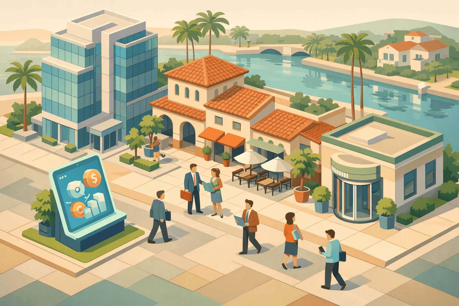 Isometric scene of a Florida business district with a bank, credit union, and digital lending kiosk alongside palm trees and a coastal waterway.