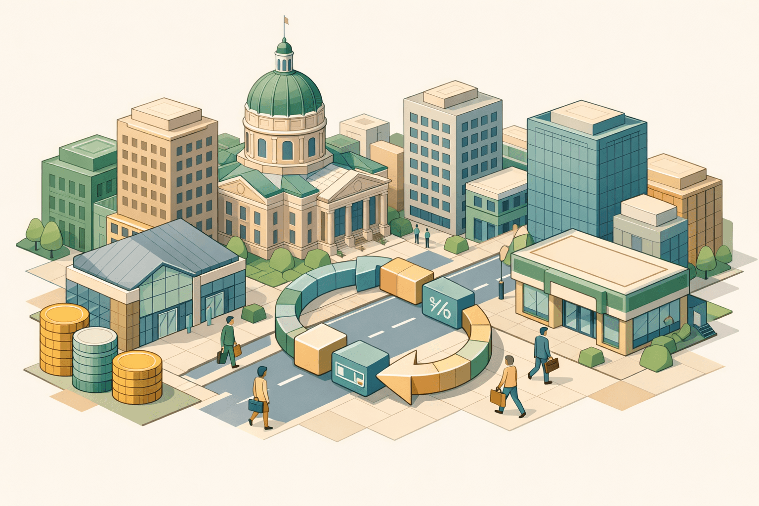 Isometric cityscape of Indiana downtown with a bank branch, credit union, office buildings, and small business owners walking between them.