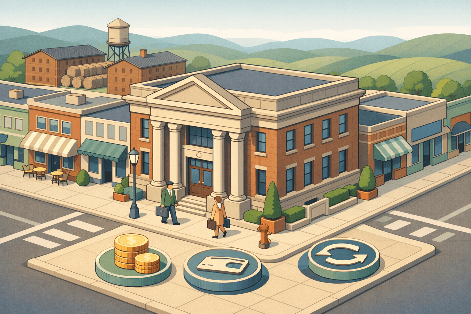Isometric scene of a Kentucky downtown bank and small business storefronts with tiny figures and revolving credit symbols on a bluegrass backdrop.