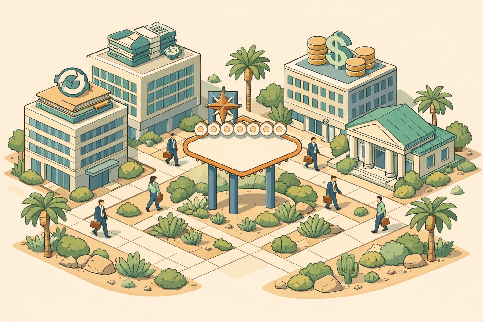 Isometric view of Las Vegas commercial district with a landmark sign, office buildings, a bank branch, and small figures representing local business owners.
