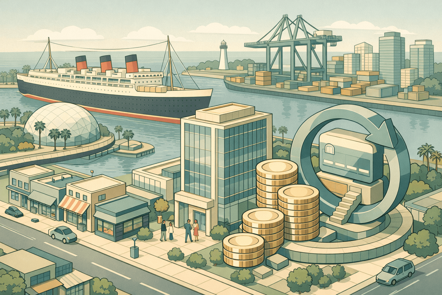 Isometric illustration of Long Beach waterfront with a bank building, small business storefronts, the Queen Mary ship, and a port crane in the background.