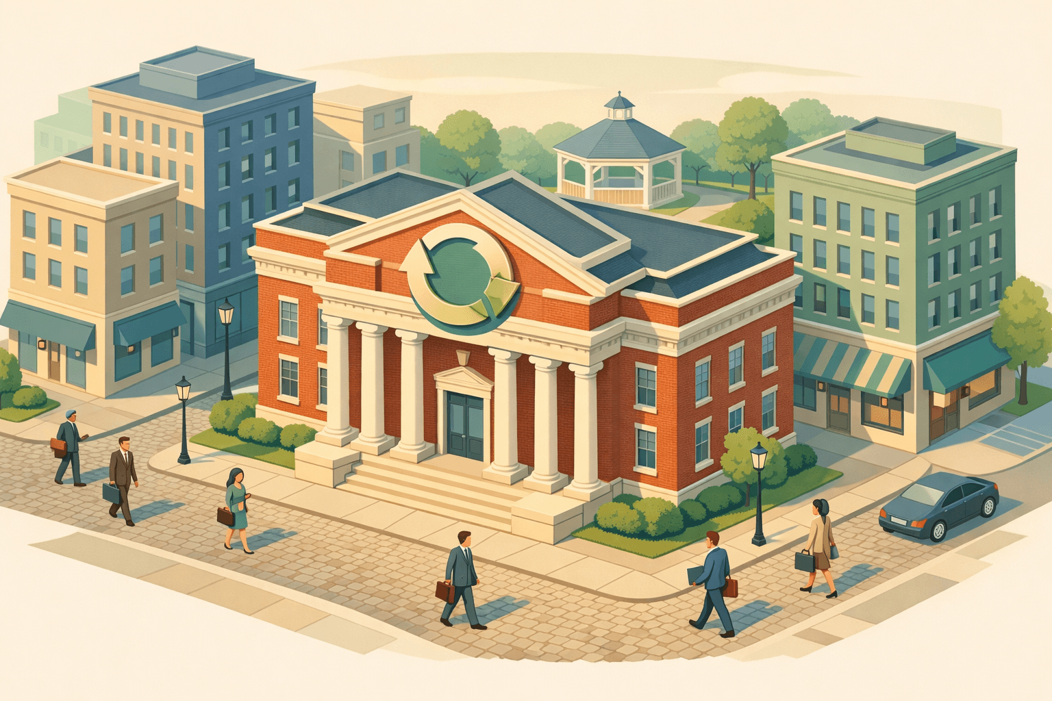 Isometric scene of a Massachusetts business district with a historic bank building, office blocks, and small business owners walking along a cobblestone street.