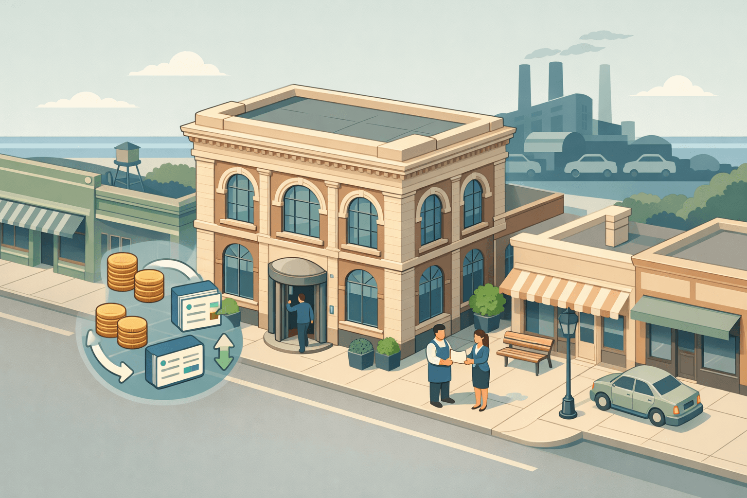 Isometric scene of a Michigan downtown bank building with small business owners, commercial storefronts, and an industrial skyline in the background.