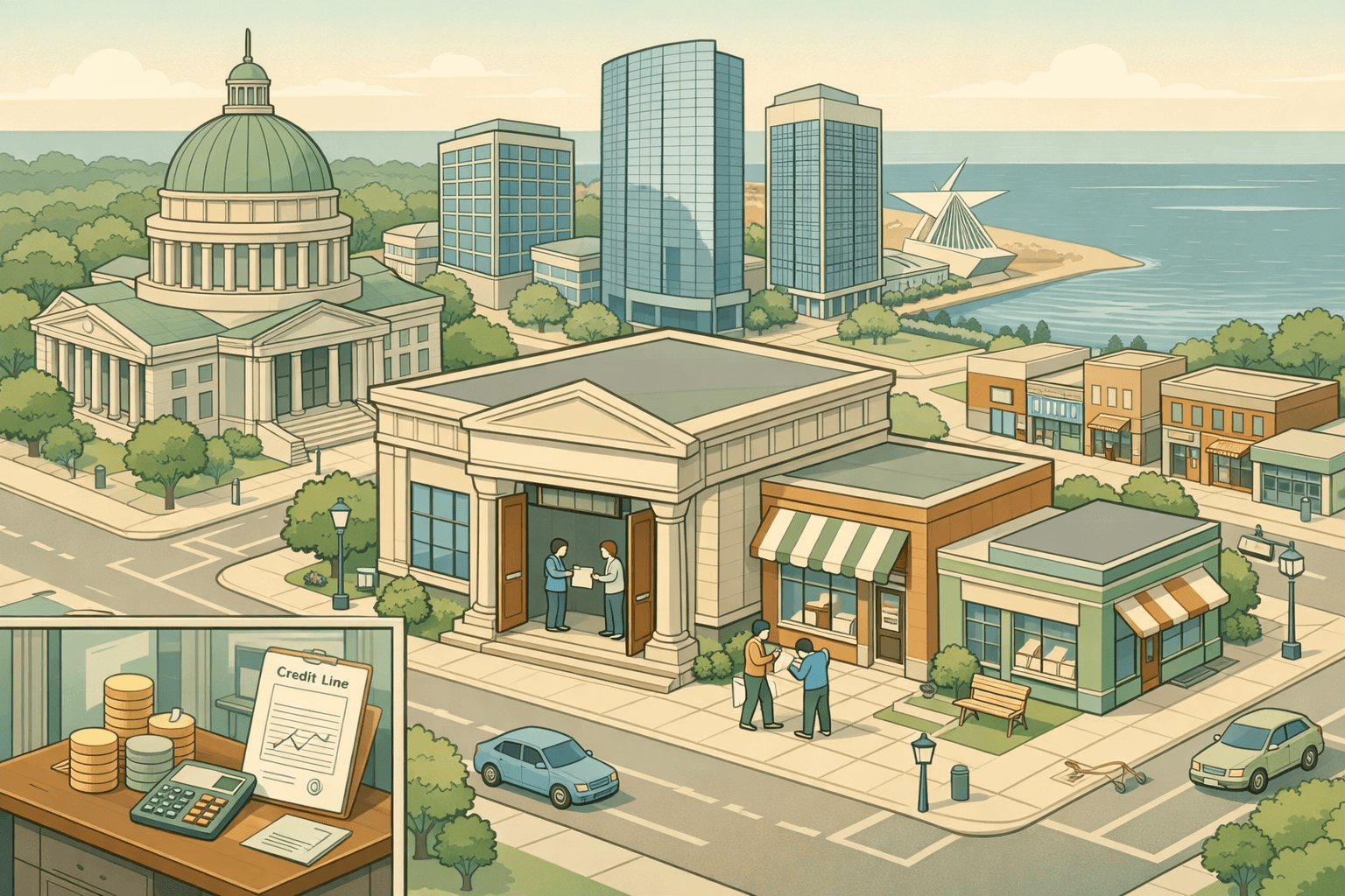 Isometric illustration of Milwaukee buildings with a community bank, small business storefront, and tiny figures exchanging financial documents near a lakefront cityscape.