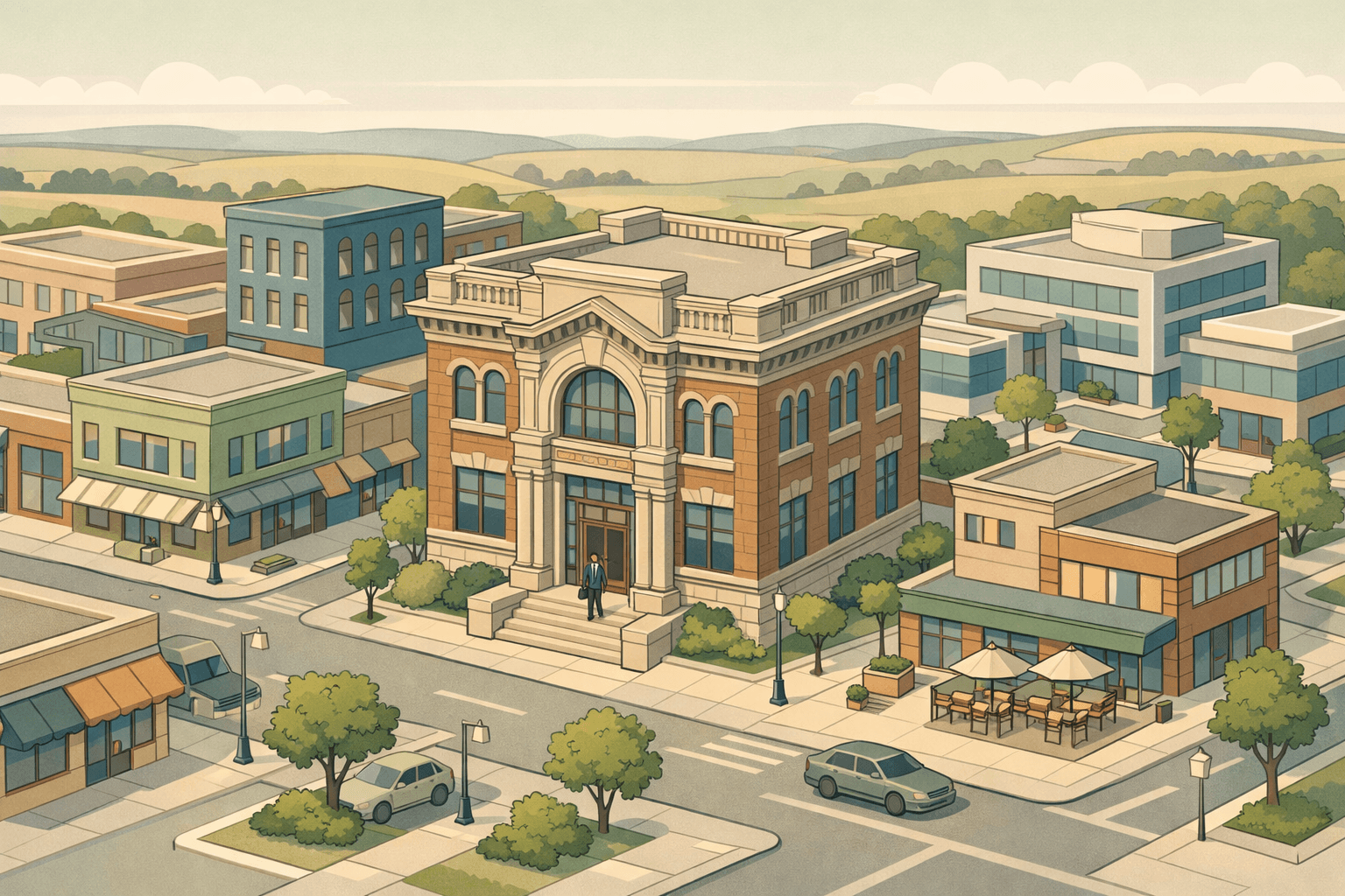 Isometric view of a Nebraska commercial district with a community bank building, small business offices, and a figure walking toward the entrance.
