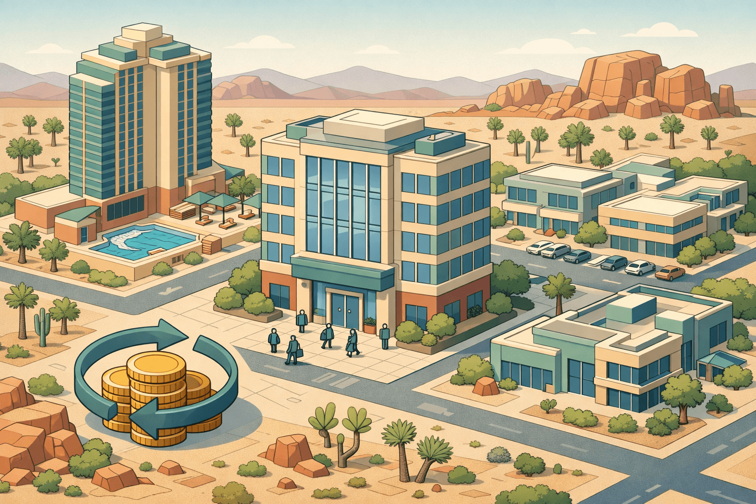 Isometric Nevada city scene with a bank building, business figures, and desert landscape representing small business lending.
