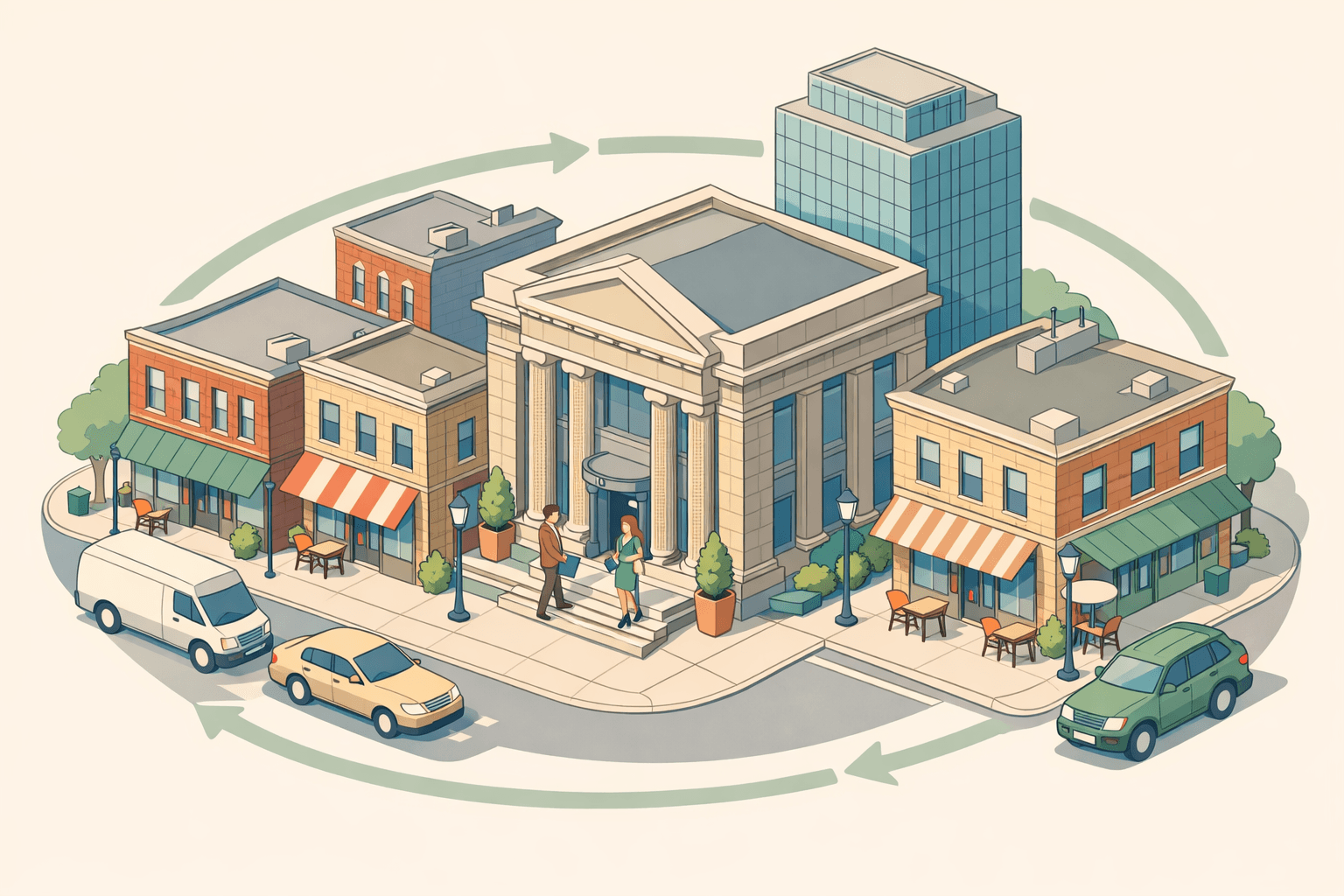 Isometric view of a New Jersey downtown with a community bank, storefronts, and small business owners approaching for financing.