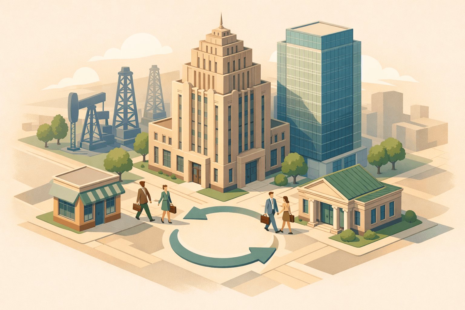 Isometric Oklahoma city scene with a classic bank building, oil derricks, modern office tower, and small figures representing local business borrowers.