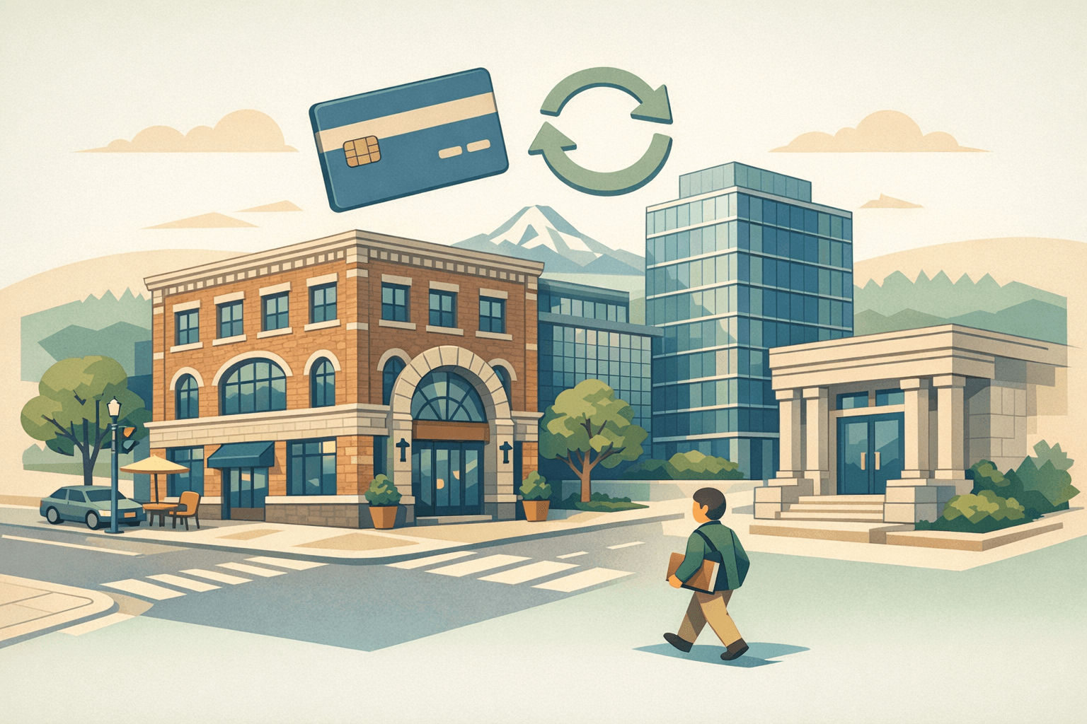 Isometric illustration of a Portland commercial street with a brick bank building, modern office tower, and a small business owner figure approaching the entrance.