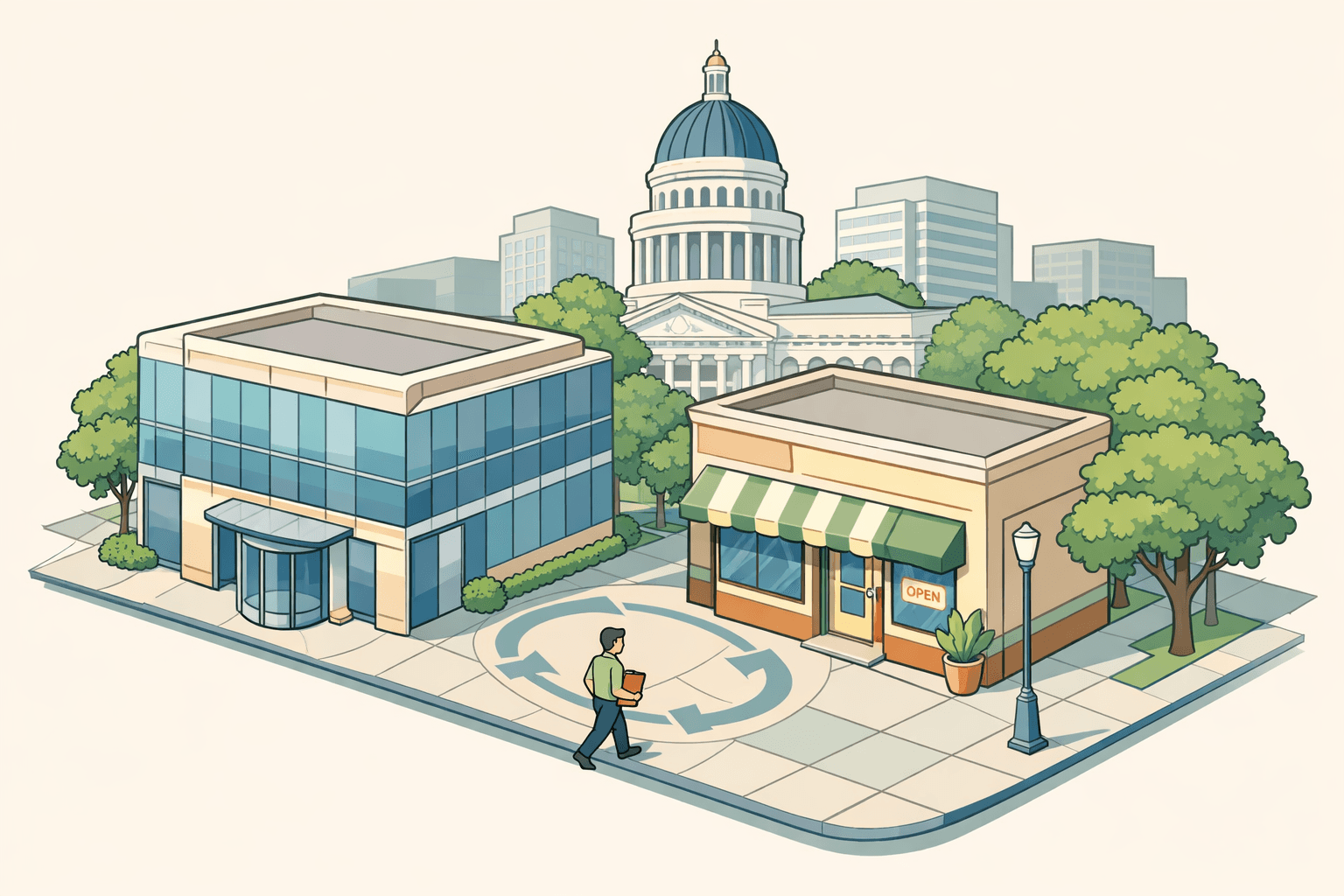 Isometric scene of a Sacramento downtown block with a community bank, small business storefront, and a tiny figure approaching the bank entrance.