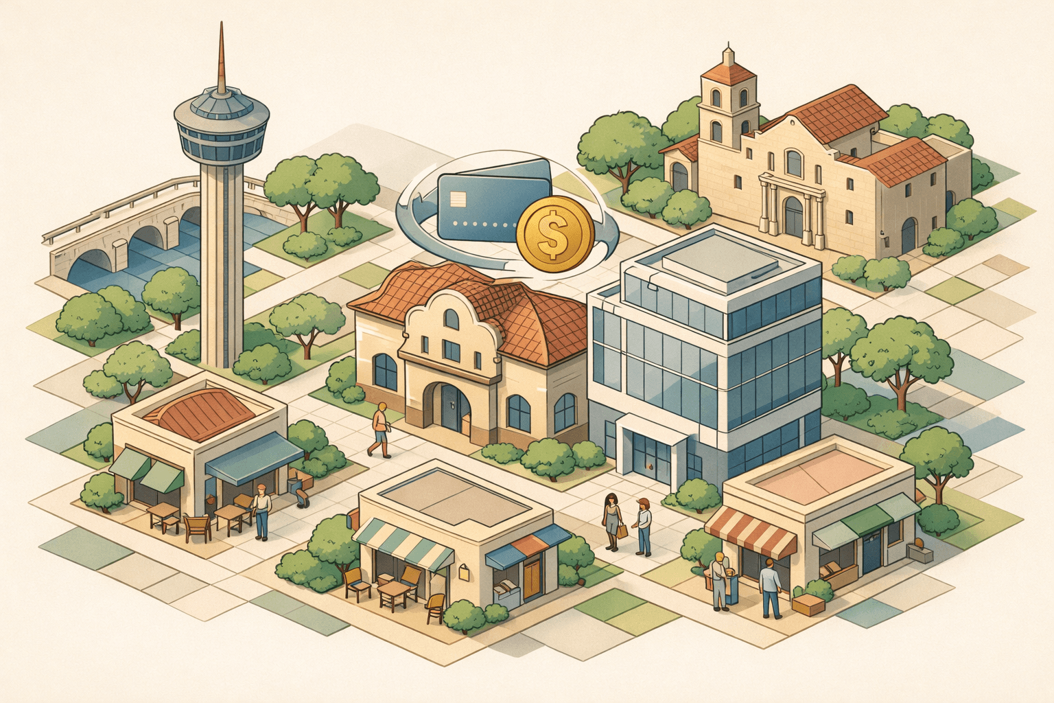 Isometric illustration of San Antonio business district with a community bank, mission-style buildings, and small business owners accessing working capital.