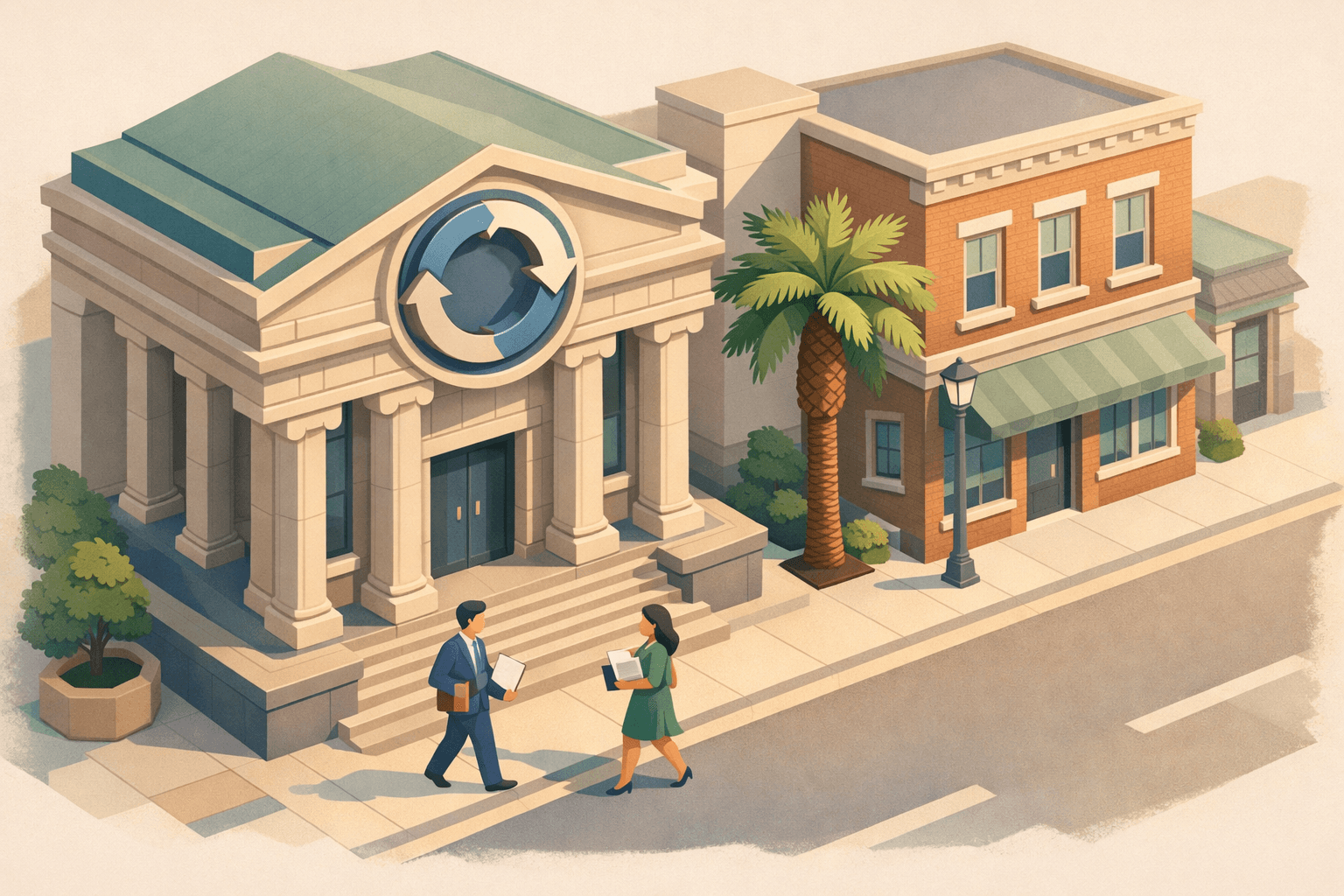 Isometric illustration of a South Carolina downtown business district with a columned bank building, palmetto tree, and small business owners near the entrance.