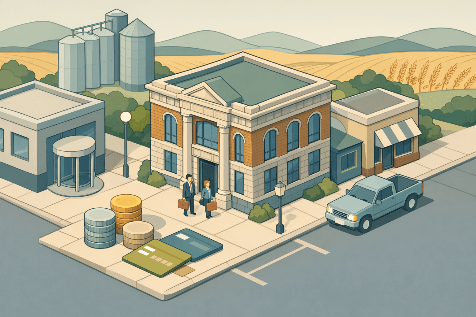 Isometric illustration of a South Dakota main street with a community bank, grain silo, small business storefronts, and tiny figures of business owners outside.