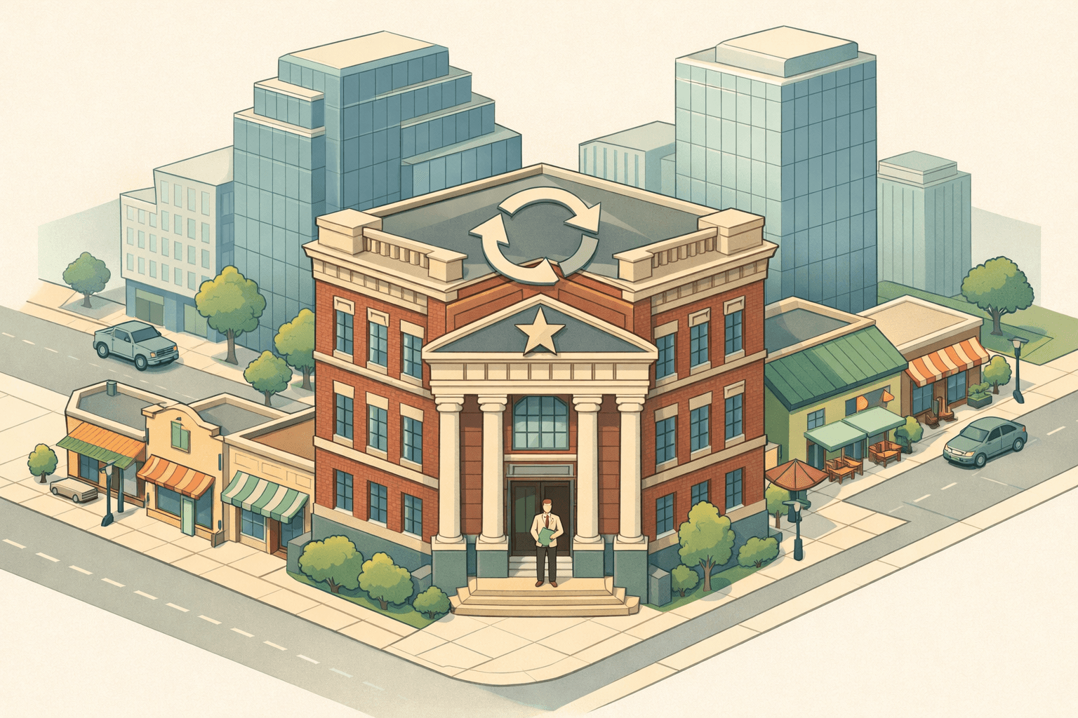 Isometric scene of a Texas downtown bank building with small business storefronts nearby and a small figure entering the bank with documents.