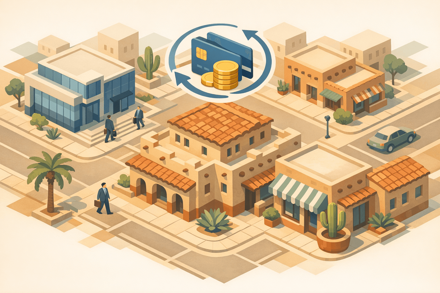 Isometric illustration of a Southwest business district with adobe buildings, a bank branch, and small figures representing business borrowers on a desert streetscape.