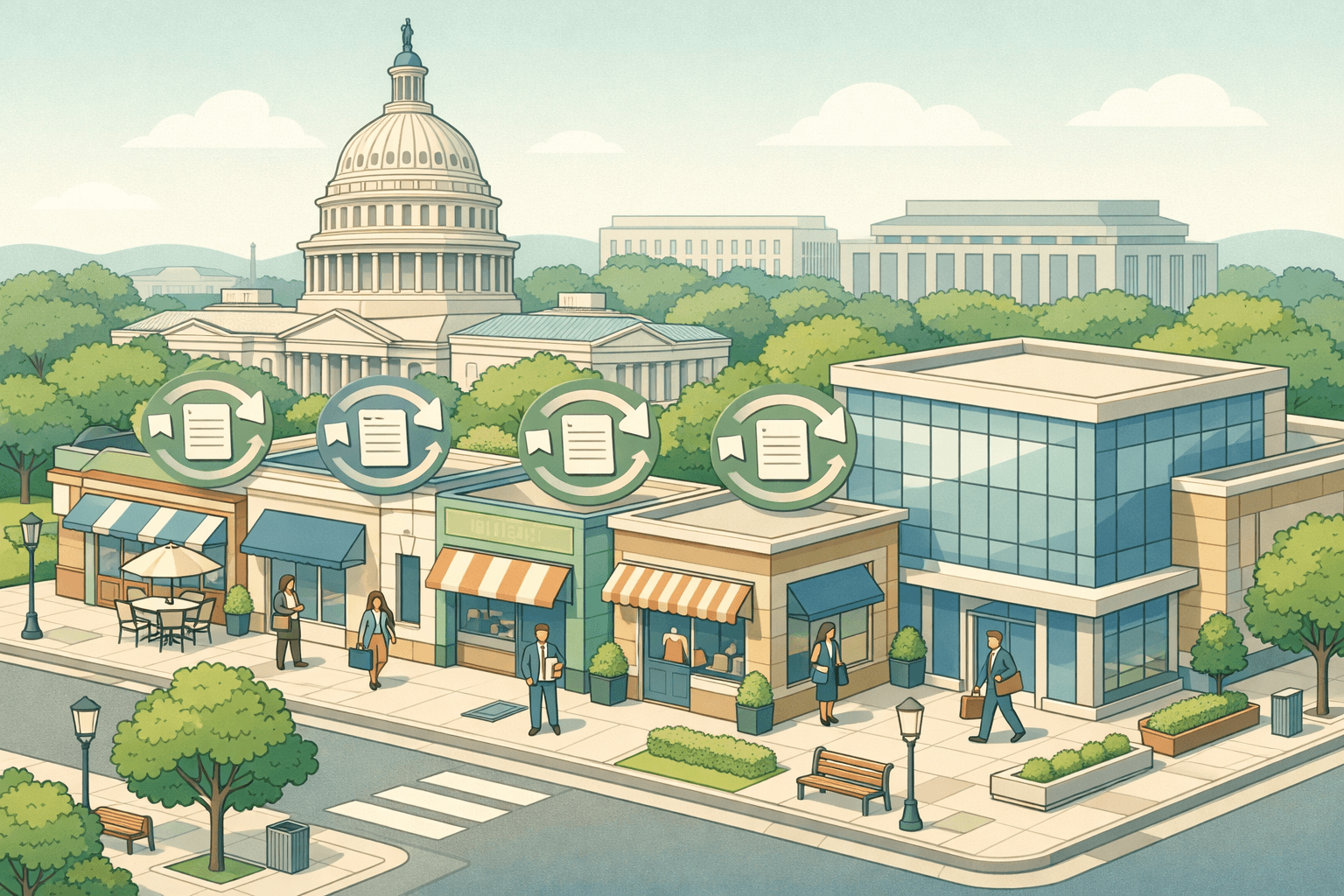 Isometric view of Washington DC storefronts and a community bank building with small business owners and working capital symbols nearby.
