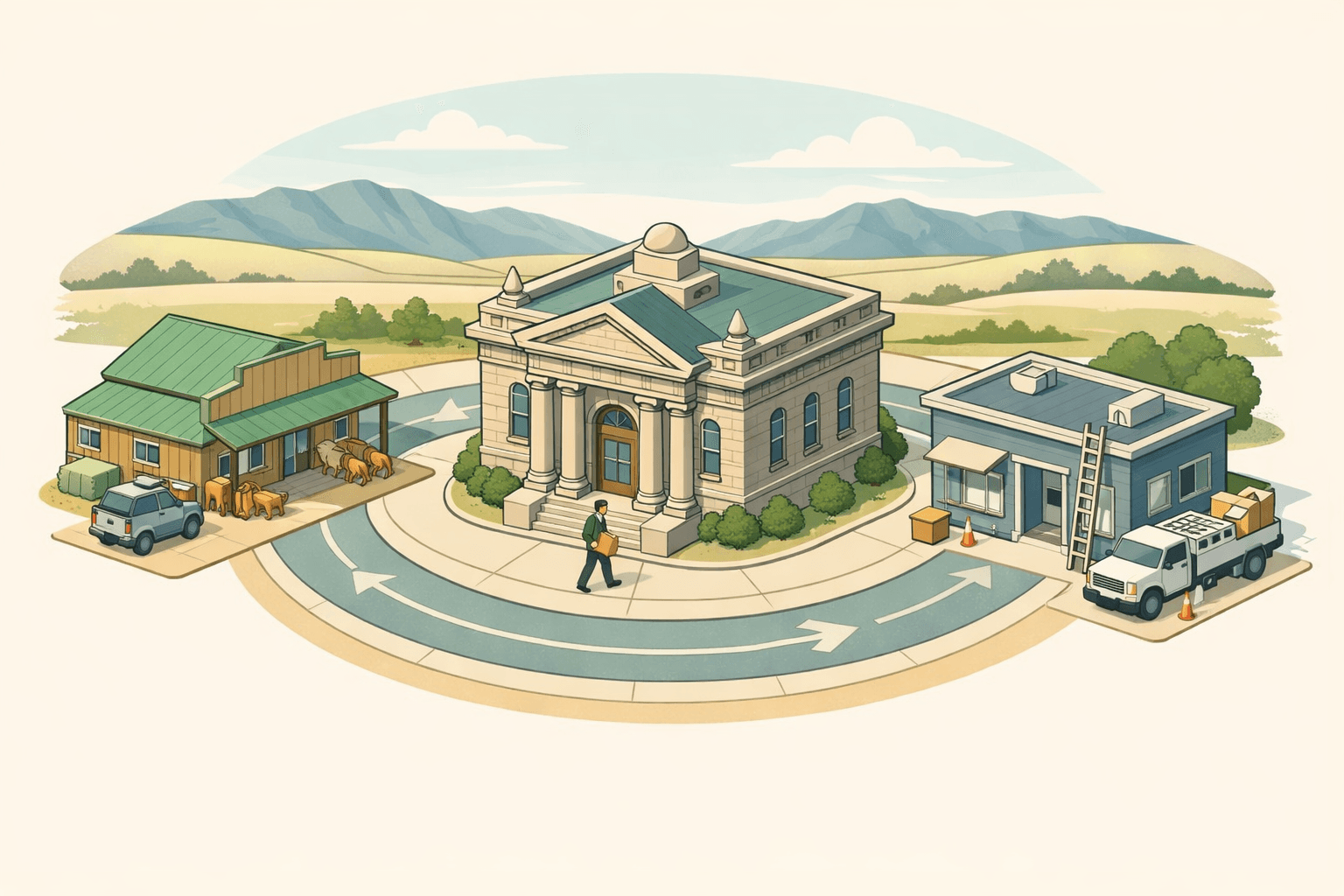 Isometric Wyoming downtown scene with a community bank building, local storefronts, mountain backdrop, and a small business owner approaching the entrance.