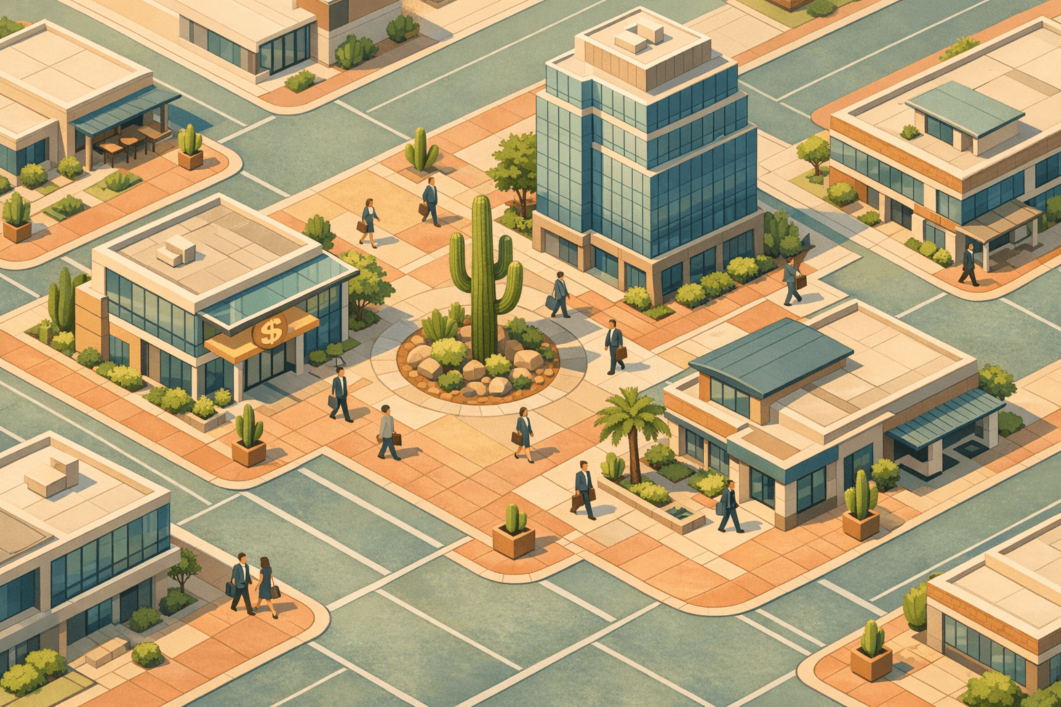 Isometric view of an Arizona downtown business district with office buildings, a community bank, a credit union branch, and small figures walking between buildings.