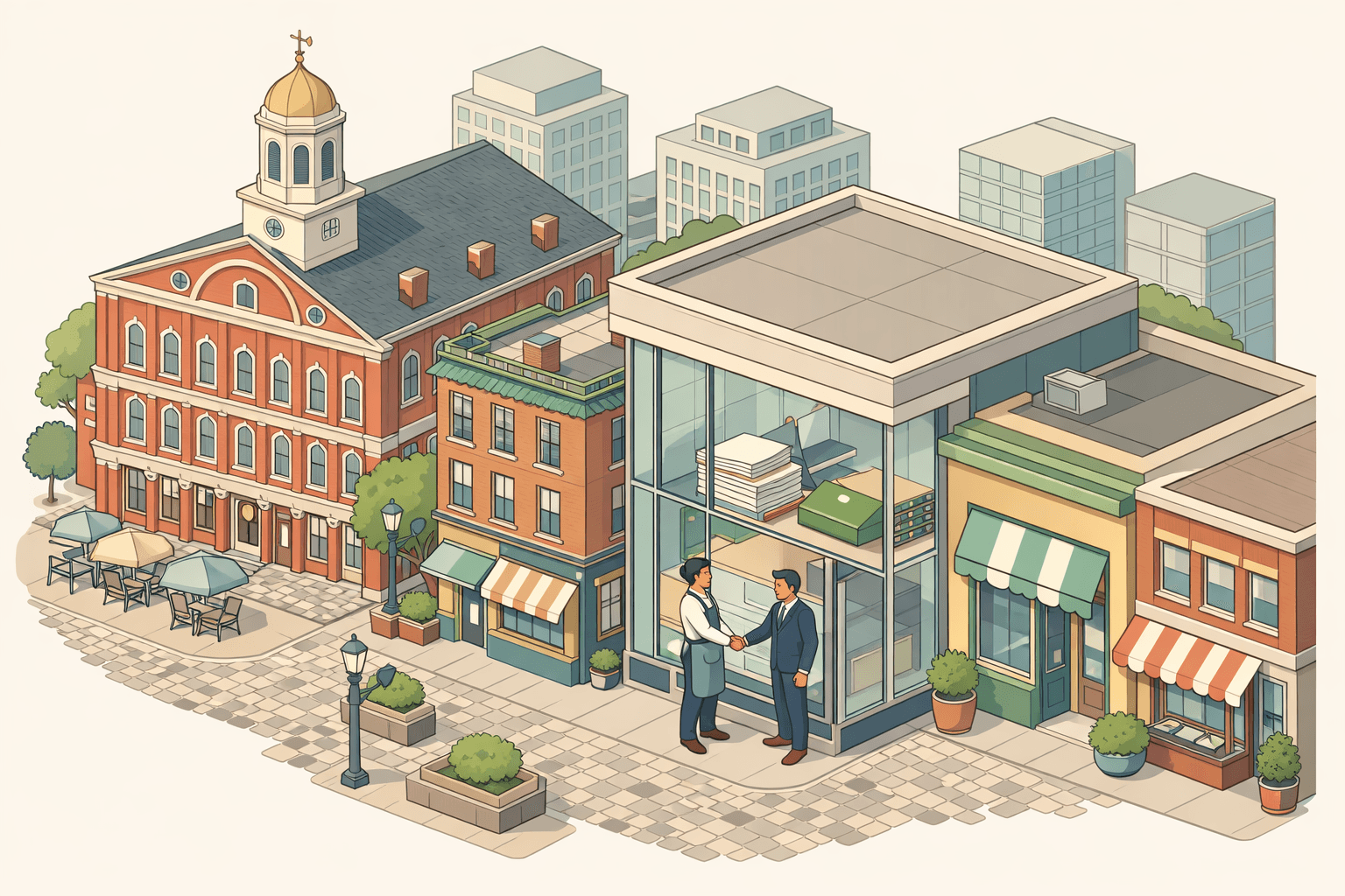 Isometric Boston cityscape with a community bank branch, a small business storefront, and a business owner meeting a banker at the entrance.