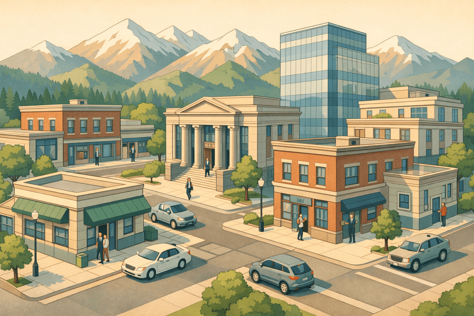 Isometric view of a Colorado small business district with a regional bank, office buildings, mountain peaks, and entrepreneurs near storefronts.