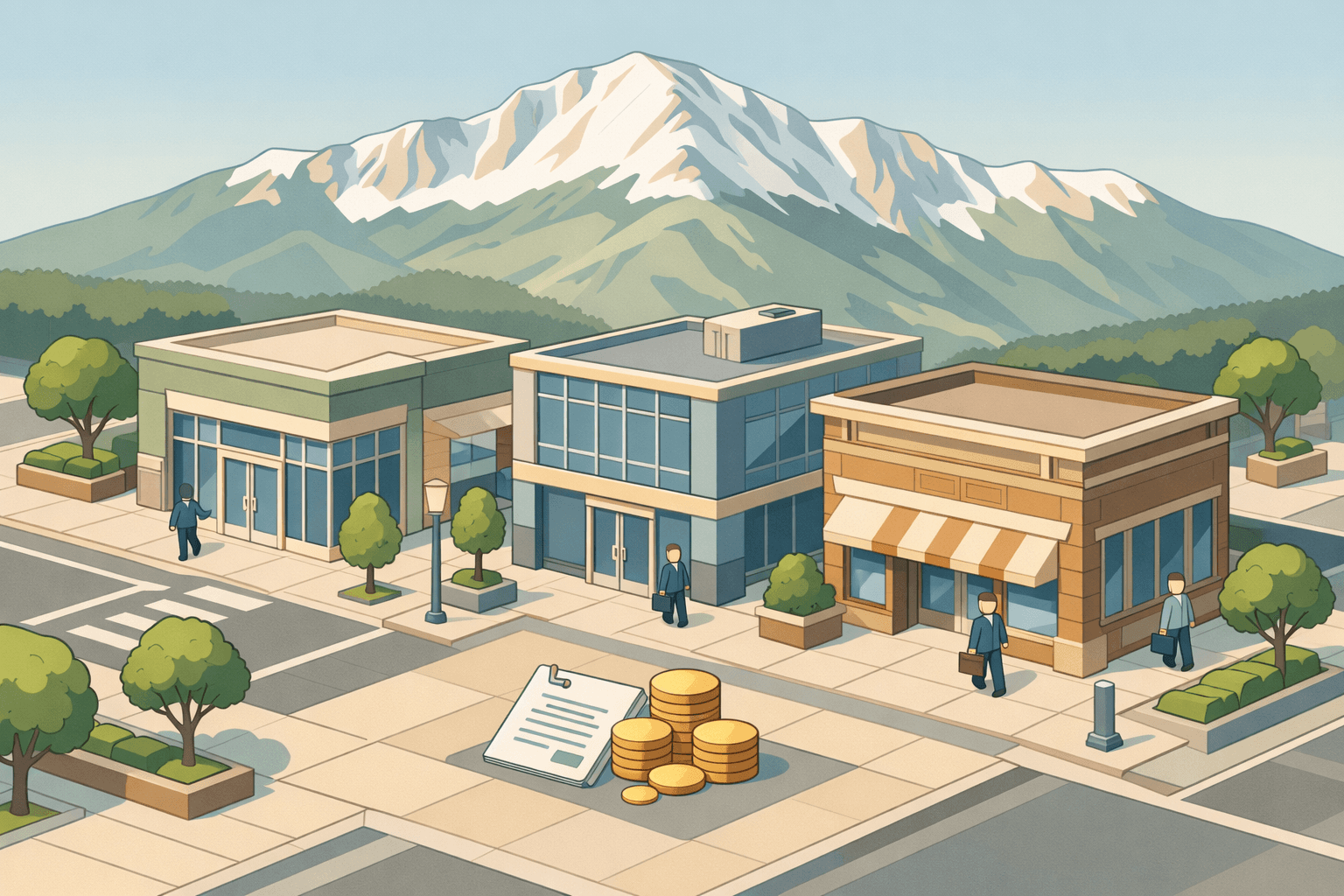 Isometric view of a Colorado Springs business district with a community bank, office buildings, and Pikes Peak visible in the background.