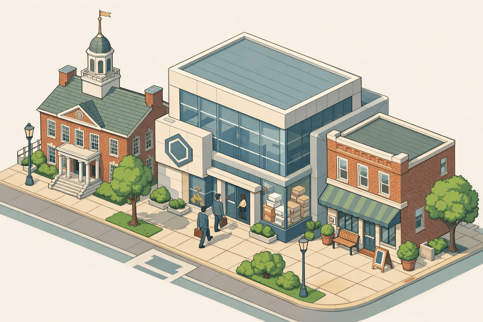 Isometric scene of a Delaware business district with a historic state building, a commercial bank, and small business owners approaching the entrance.