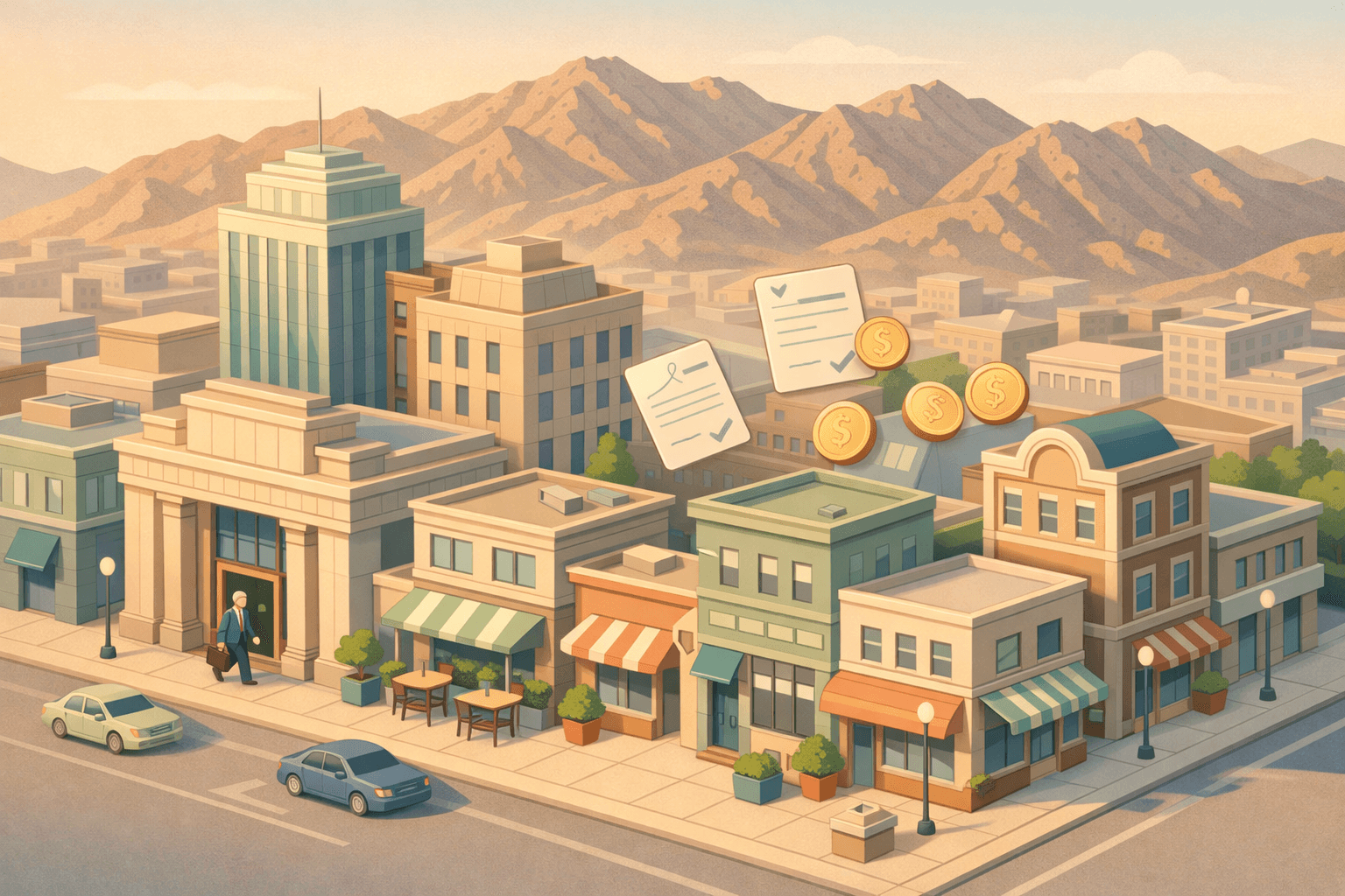 Isometric view of El Paso commercial buildings and small business storefronts with mountains in the background and a figure entering a bank.