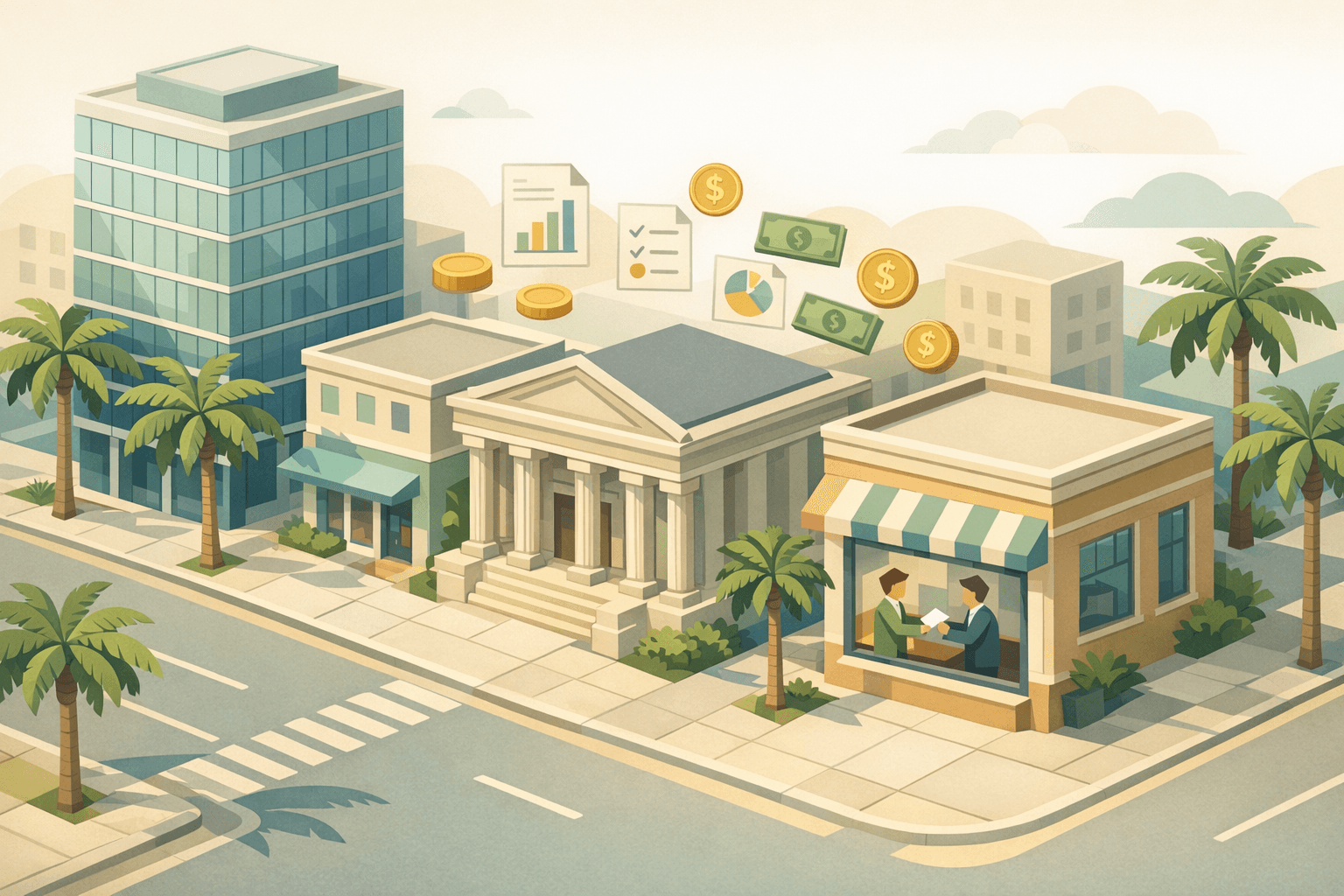 Isometric Florida business district with a bank, office building, small business storefront, and tiny figures exchanging loan documents on a sunny day.