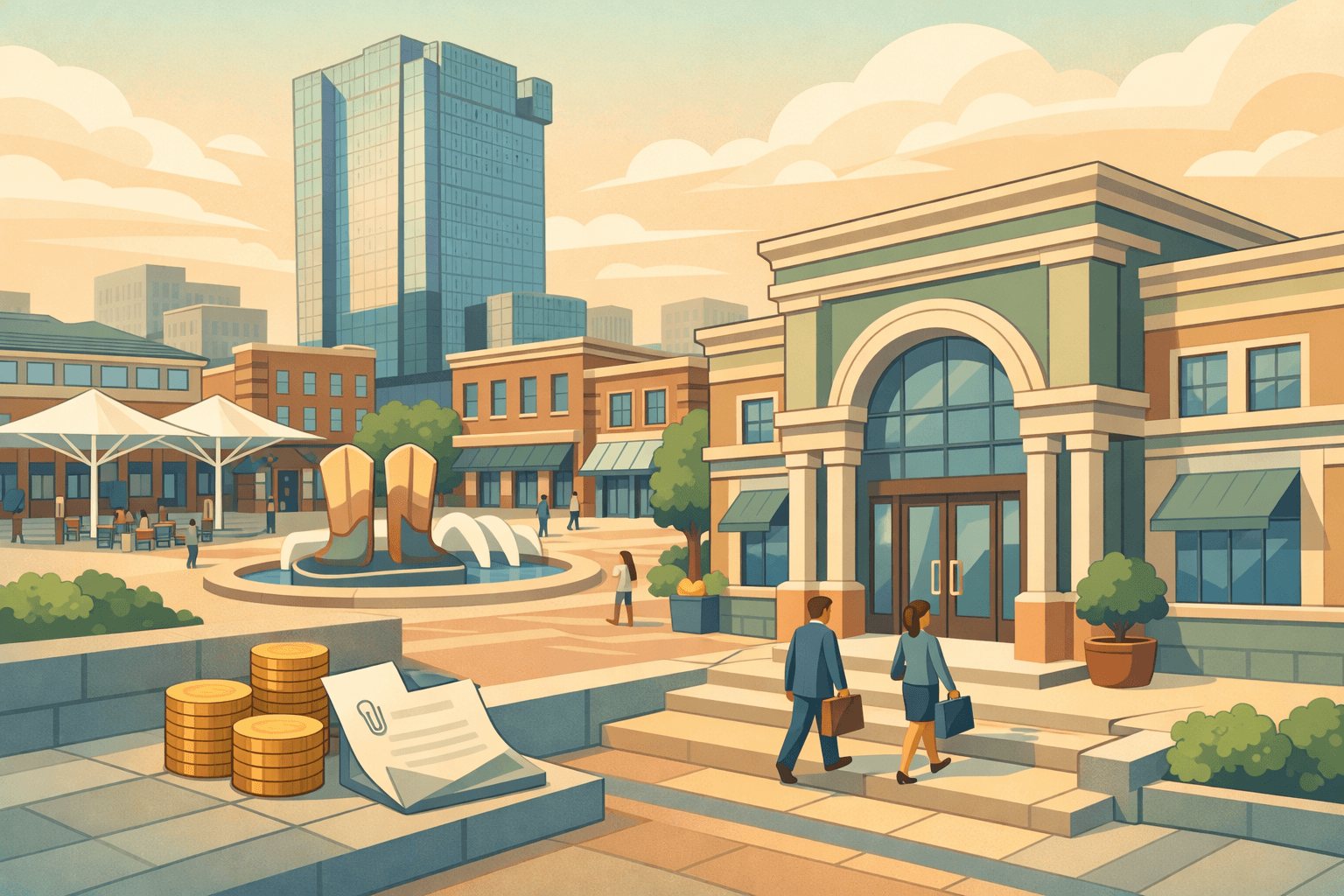 Isometric view of a Fort Worth commercial plaza with a community bank building, office tower, and small business owners approaching the entrance.