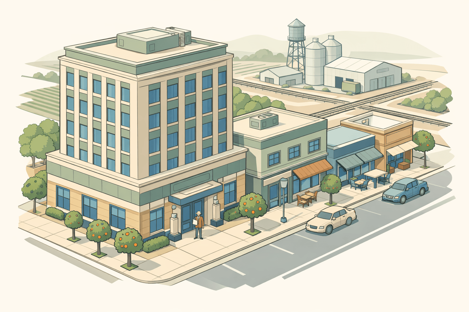 Isometric view of a Fresno commercial street with a bank building, small business storefronts, and a Central Valley warehouse in the background.