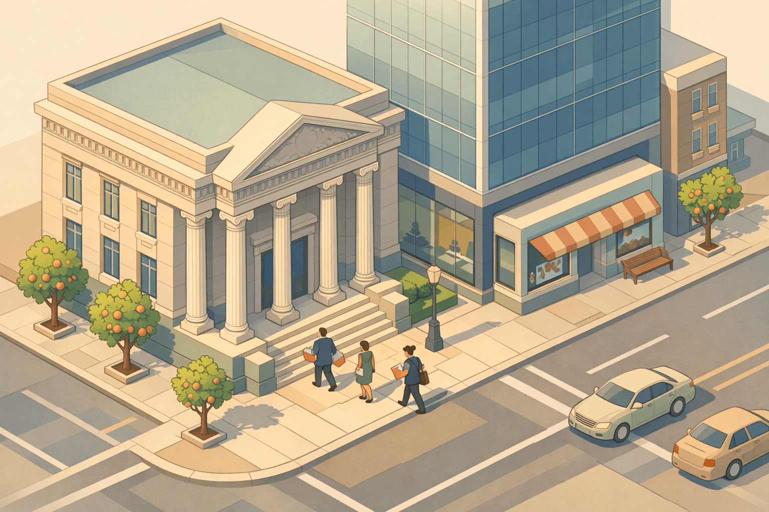 Isometric view of a Georgia city block with a classical bank building, modern office tower, small business storefront, and tiny figures carrying documents.