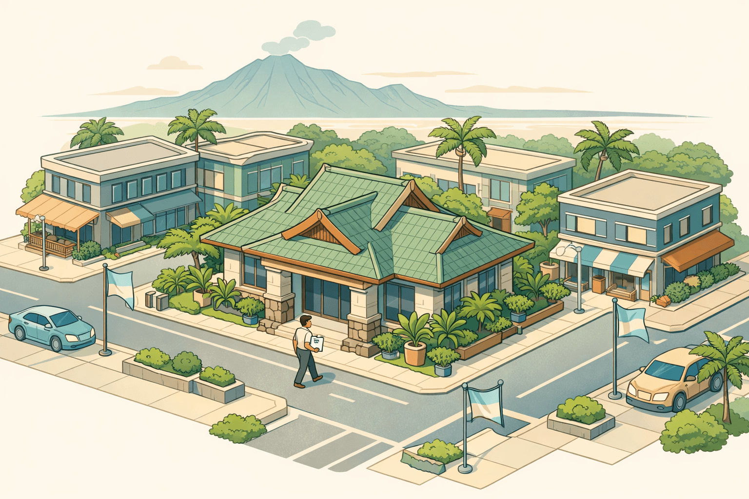 Isometric view of a Hawaiian commercial street with a local bank building, small businesses, palm trees, and a tiny business owner walking toward the entrance.