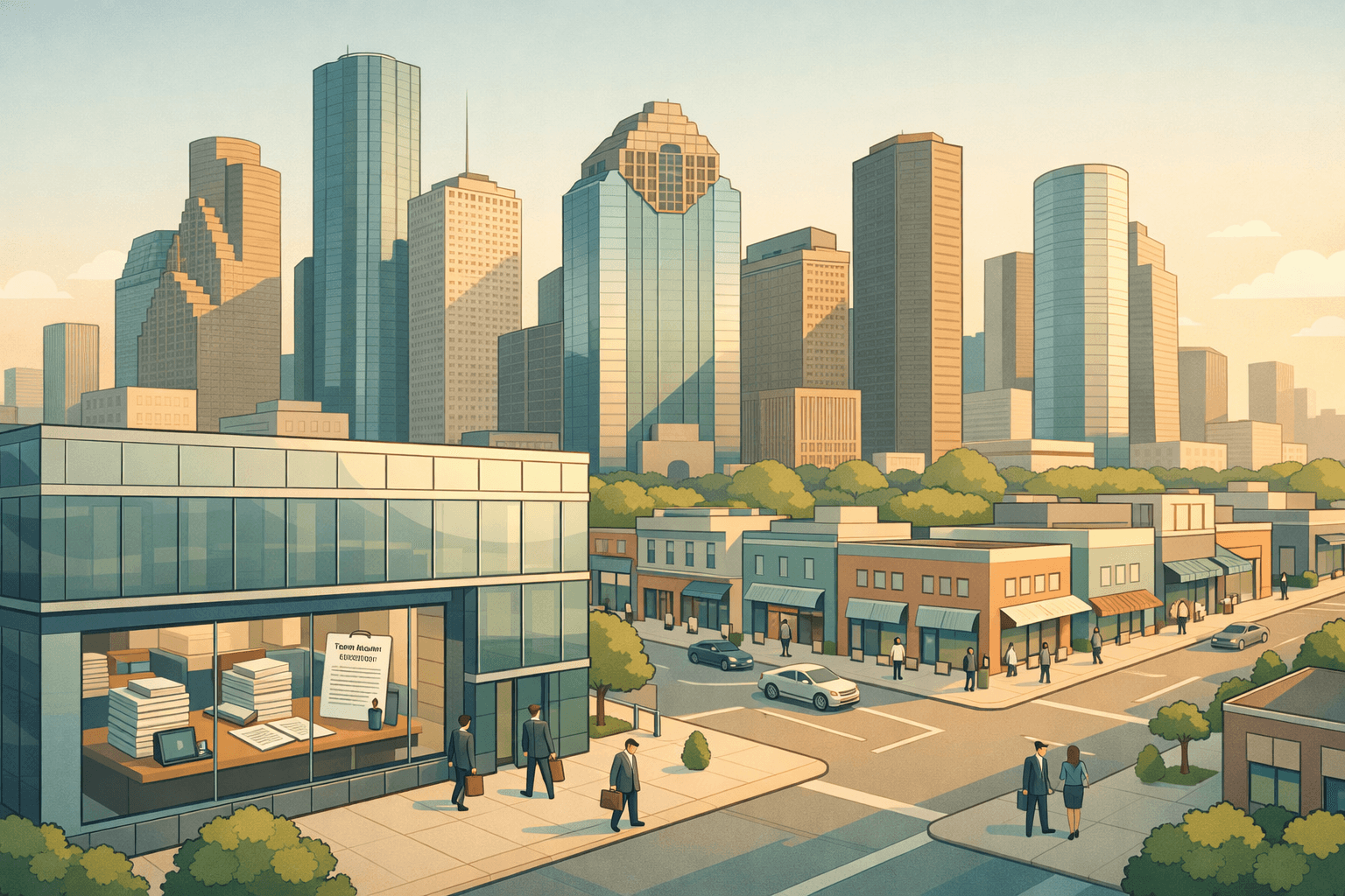 Isometric view of downtown Houston with a commercial bank, small business storefronts, and office workers near a lending office entrance.