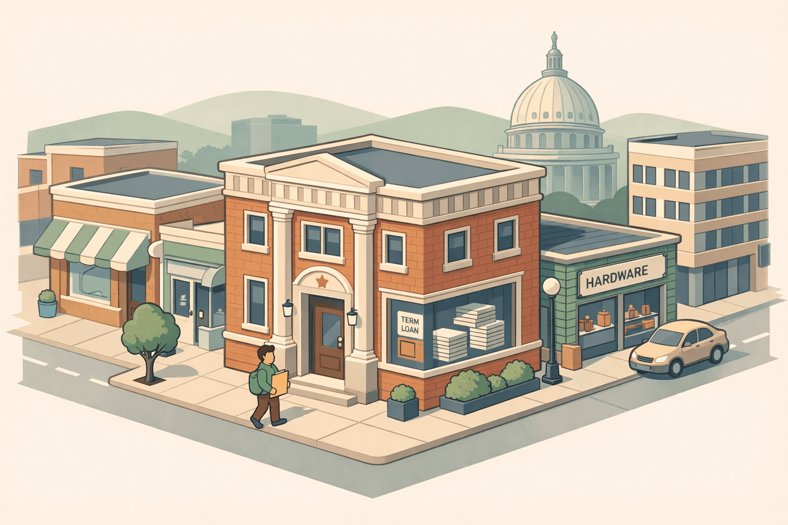 Isometric scene of a small business owner approaching a community bank in an Idaho downtown district with a capitol dome in the background.